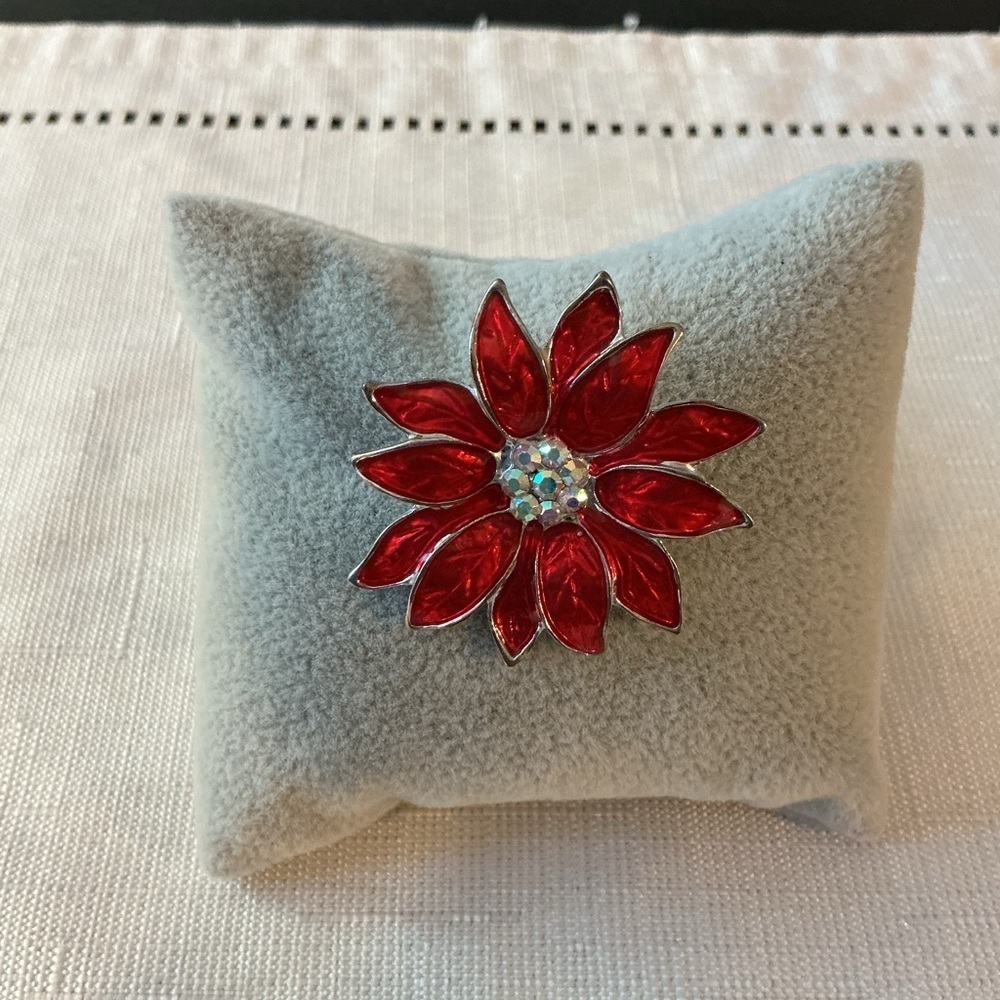 Red Enamel Poinsettia Silver Tone Brooch - Picture 1 of 2